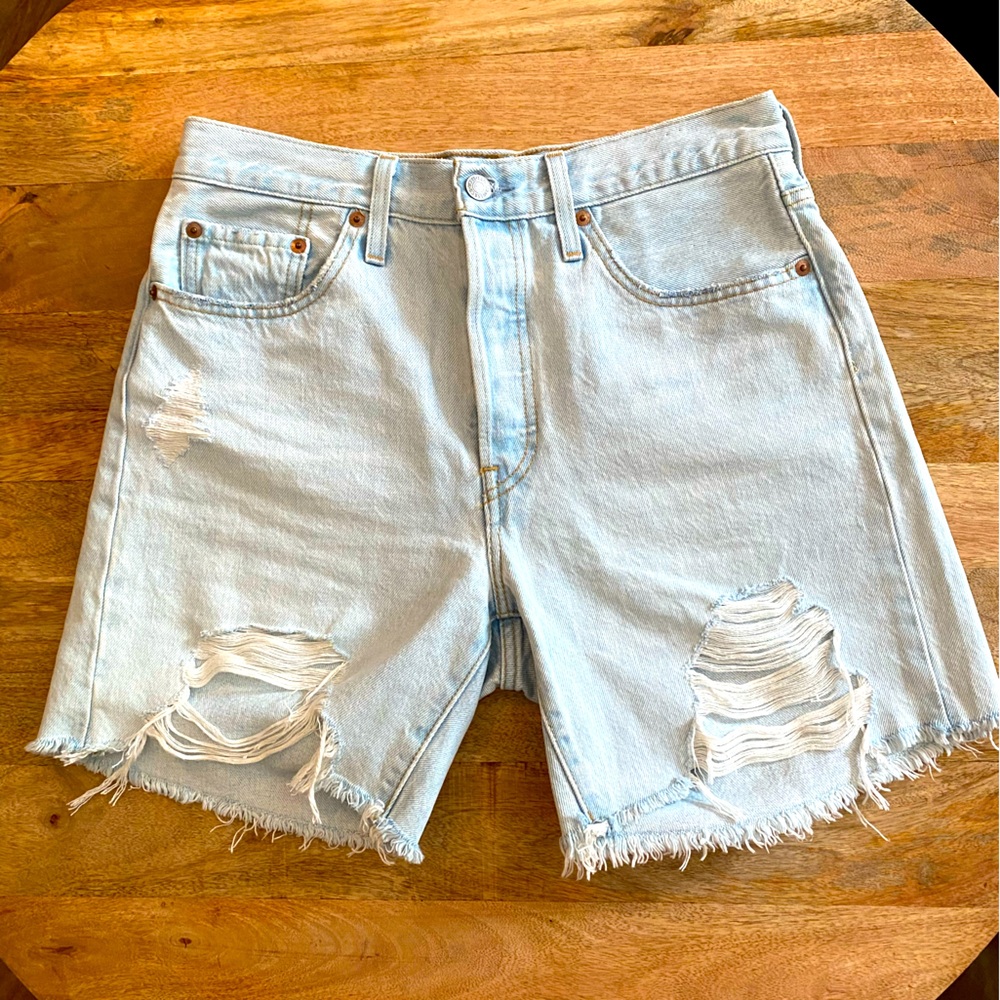 501 Original Mid Thigh Distressed Denim Shorts